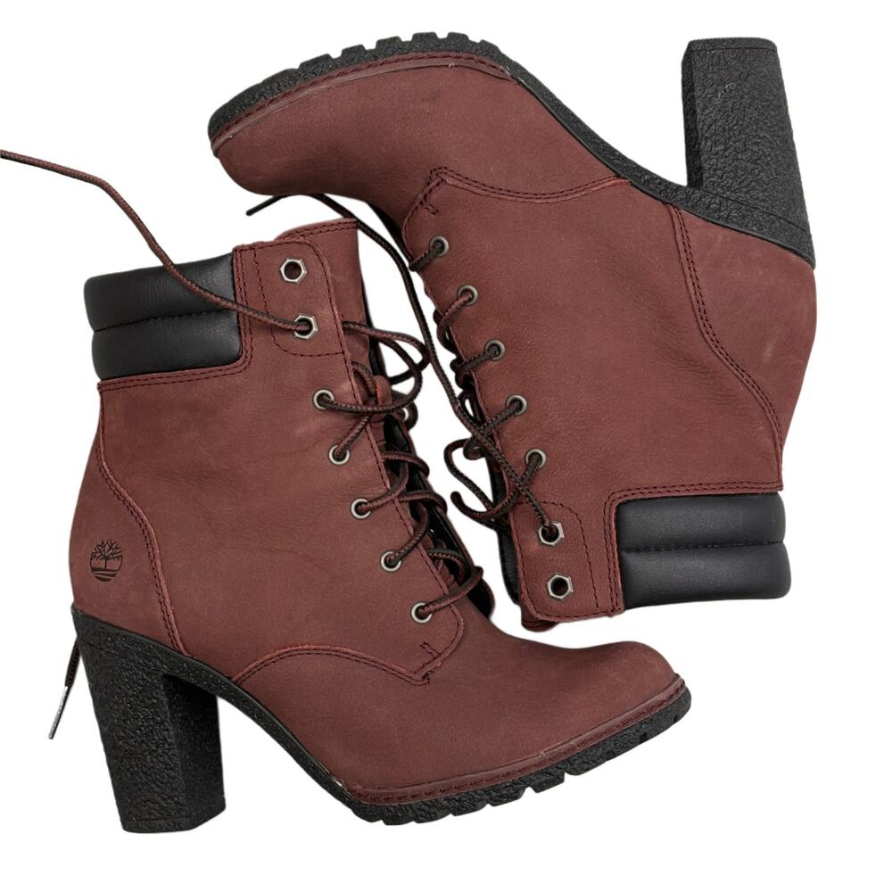 Timberland's woman's block heel boots in brown size 6
